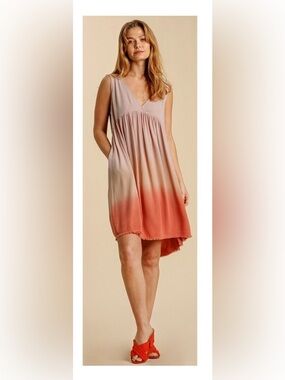 New UMGEE M L Rose Ombre Sexy V Neck Tie Back Dress with Pockets Frayed Hem
